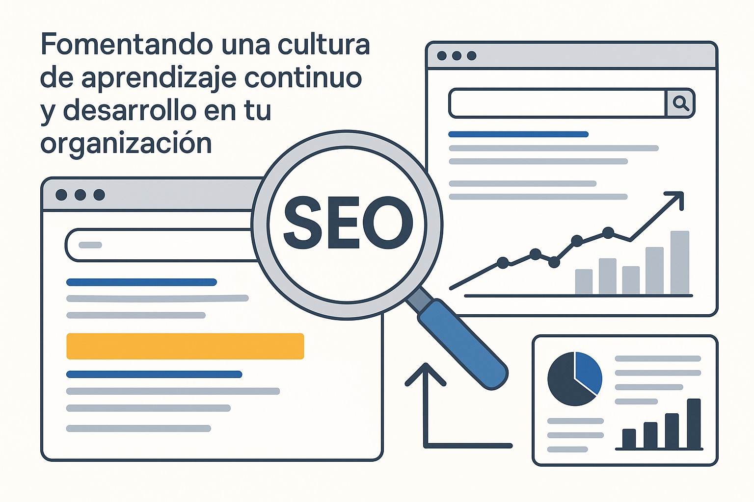 Un equipo diverso de profesionales colaborando en una sesión de brainstorming, usando pizarras y laptops, simbolizando la cultura de aprendizaje continuo y el desarrollo organizacional.