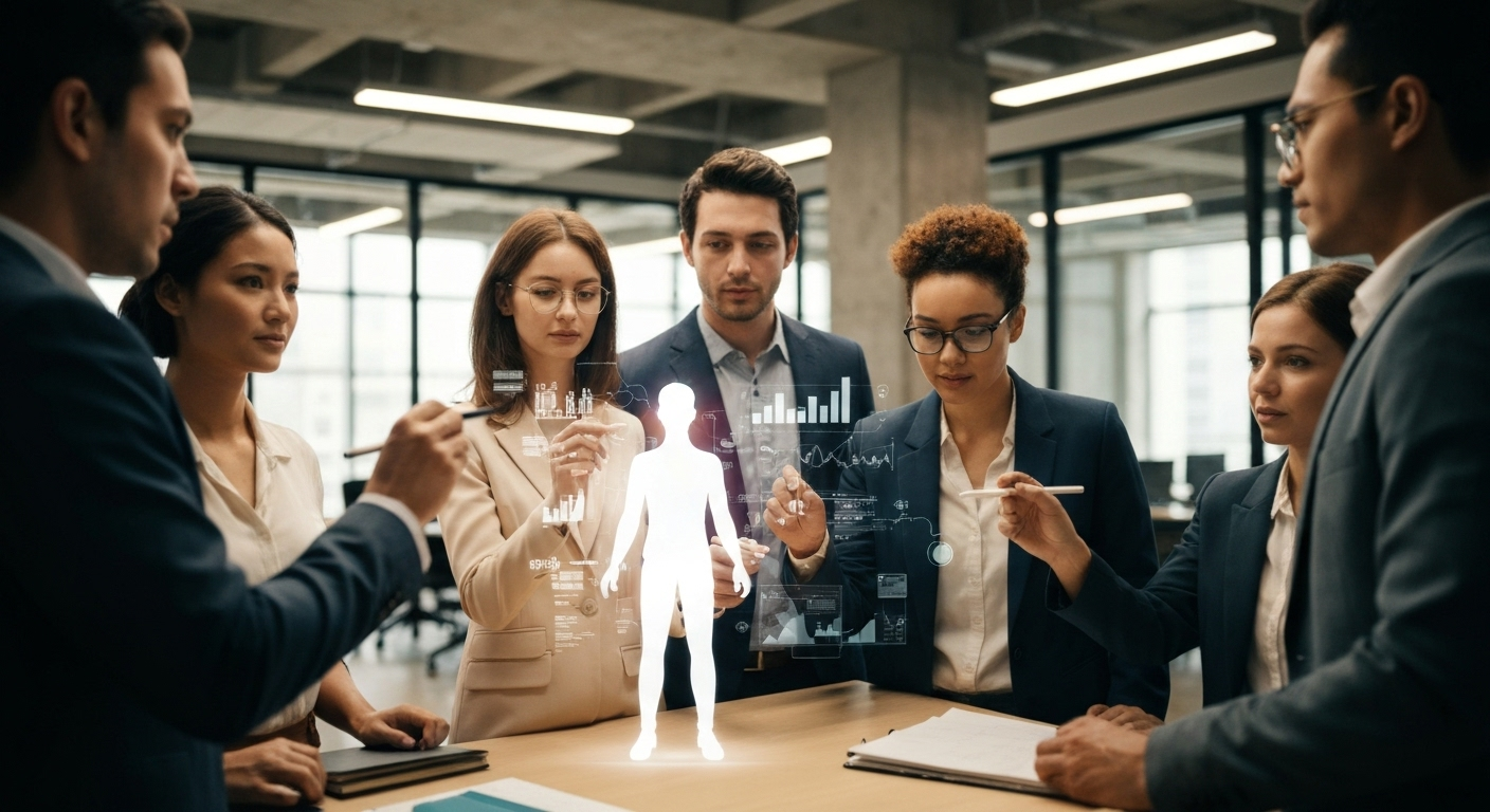 HR professionals collaborating around a holographic image of an employee, focused on individual talent management.