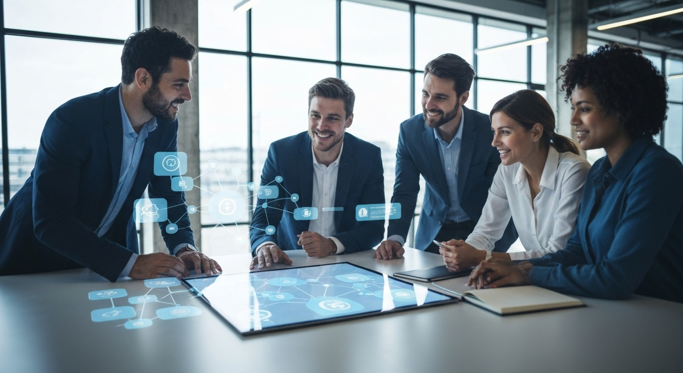 Team collaborating around interactive screen displaying data, illustrating improved operational efficiency.