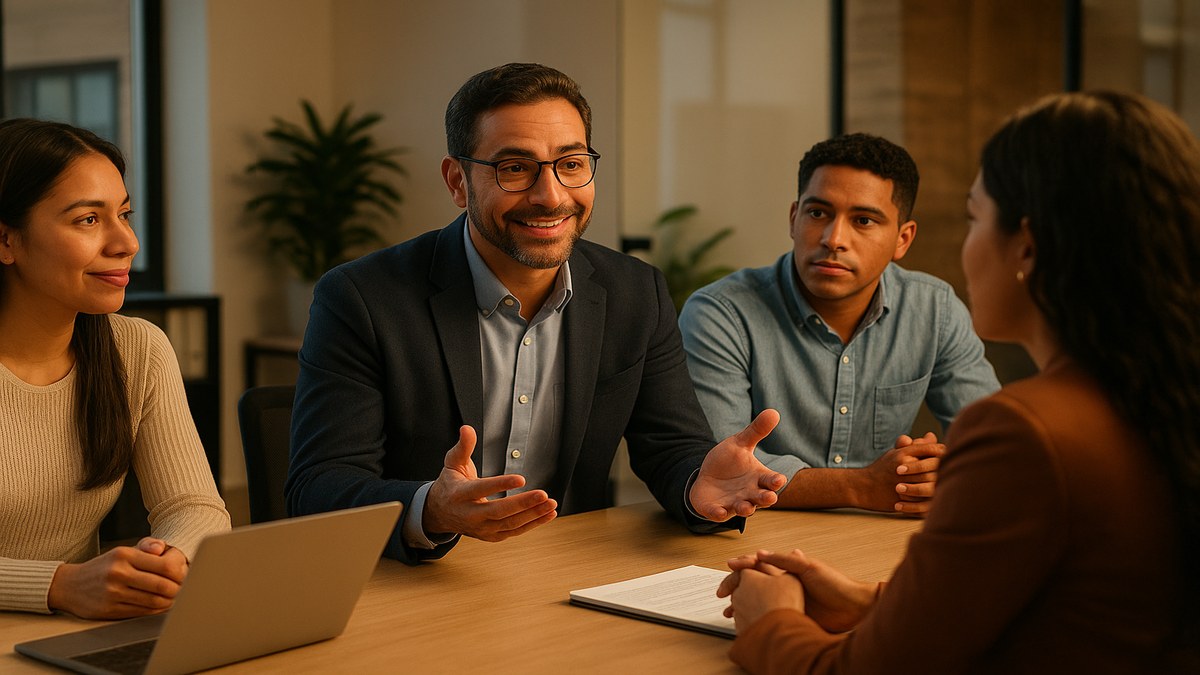 Líder de equipo en reunión corporativa demostrando escucha activa y empatía, lenguaje corporal abierto, equipo diverso de profesionales en sala de reuniones moderna