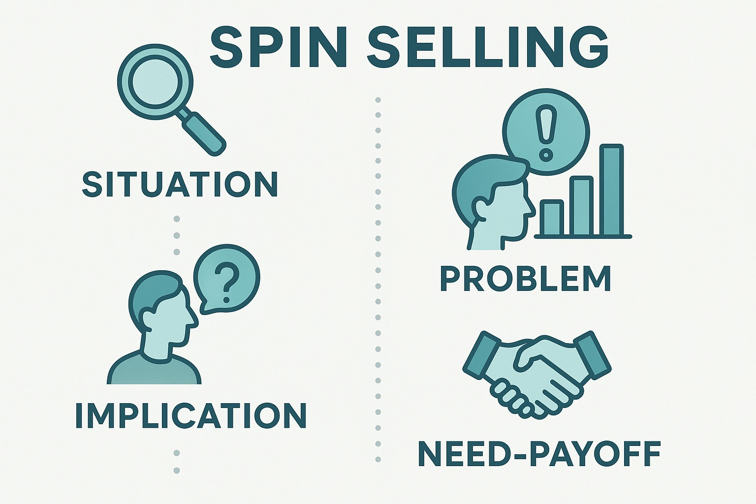 Infografía: conceptos clave de SPIN Selling: La Metodología de Preguntas para Ventas Complejas