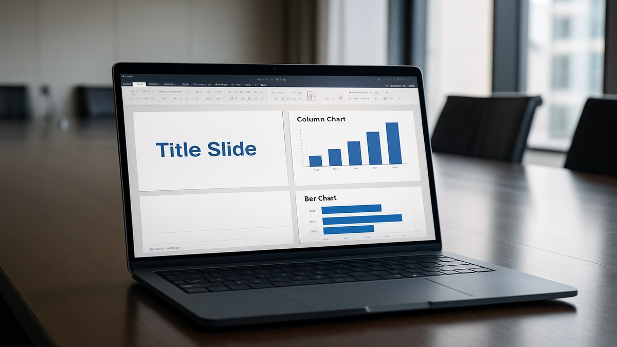 Pantalla de PowerPoint mostrando presentación corporativa profesional con diapositiva de título, gráfico de barras y diseño consistente en tonos azules y blancos