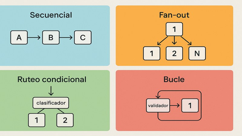 Diagrama mostrando los 4 patrones de prompt chaining: secuencial (A→B→C), fan-out (1→N→1), condicional (routing con clasificador) y loop con validador. Cada patrón en un bloque de color diferente