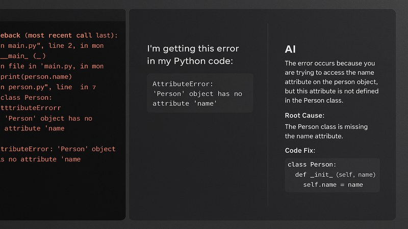 Terminal mostrando un stacktrace de Python con error AttributeError, seguido de un prompt estructurado de debugging y la respuesta del modelo con causa raíz y tres opciones de fix