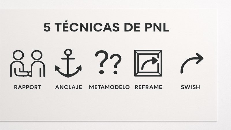 Infografía de las 5 técnicas principales de PNL: Rapport con diagrama de acompasamiento, Anclaje con símbolo de ancla, Metamodelo con preguntas de exploración, Reencuadre con flecha de cambio de perspectiva y Swish con flecha de redirección