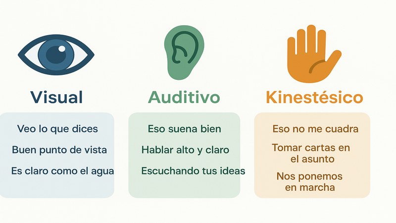 Diagrama de los tres sistemas representacionales de la PNL: Visual (ojo), Auditivo (oreja) y Kinestésico (mano) con ejemplos de lenguaje predicativo para cada uno