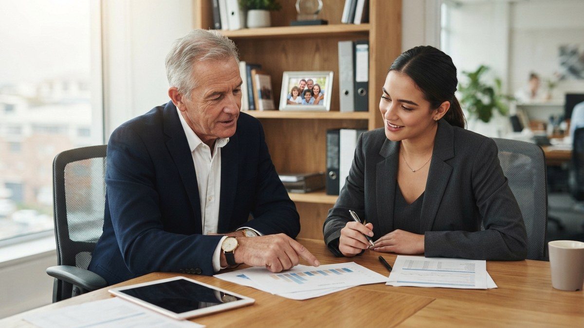 Líder de una empresa familiar conversando con su sucesor en una oficina, revisando documentos de planificación